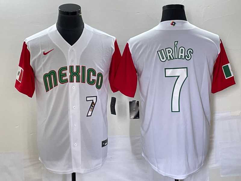 Men%27s Mexico Baseball #7 Julio Urias Number 2023 White Red World Classic Stitched Jersey32
